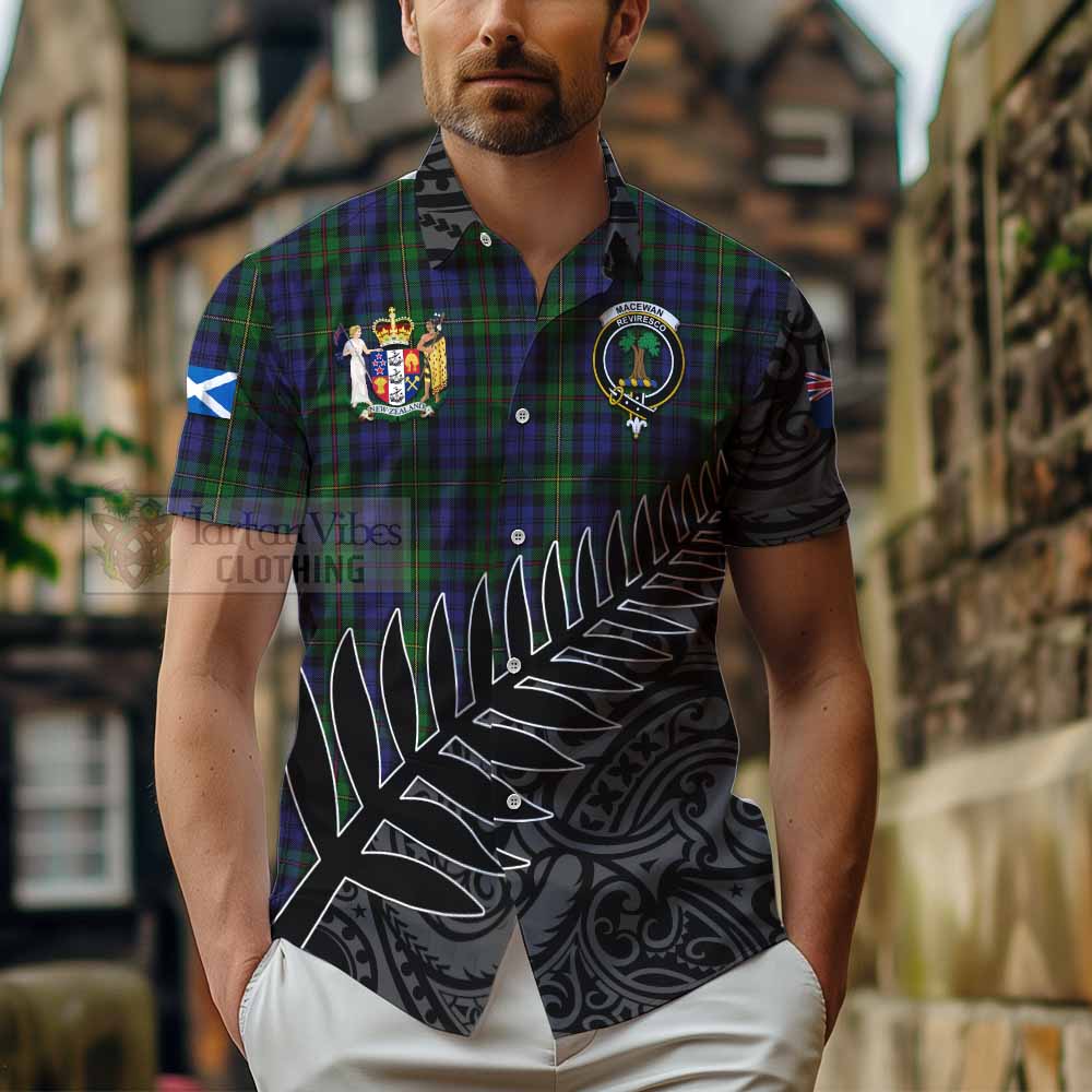 Tartan Vibes Clothing MacEwan (MacEwen) Crest Tartan Short Sleeve Button Shirt with New Zealand Silver Fern Half Style