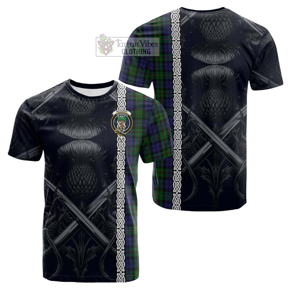 Tartan Vibes Clothing MacEwan (MacEwen) Tartan Cotton T-shirt with Family Crest Cross Sword Thistle Celtic Vibes