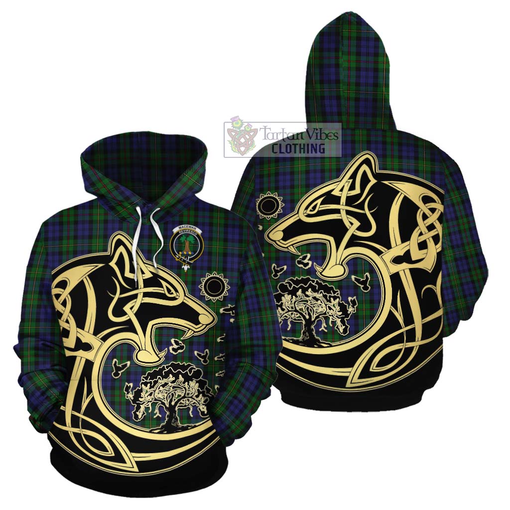 Tartan Vibes Clothing MacEwan (MacEwen) Tartan Cotton Hoodie with Family Crest Celtic Wolf Style