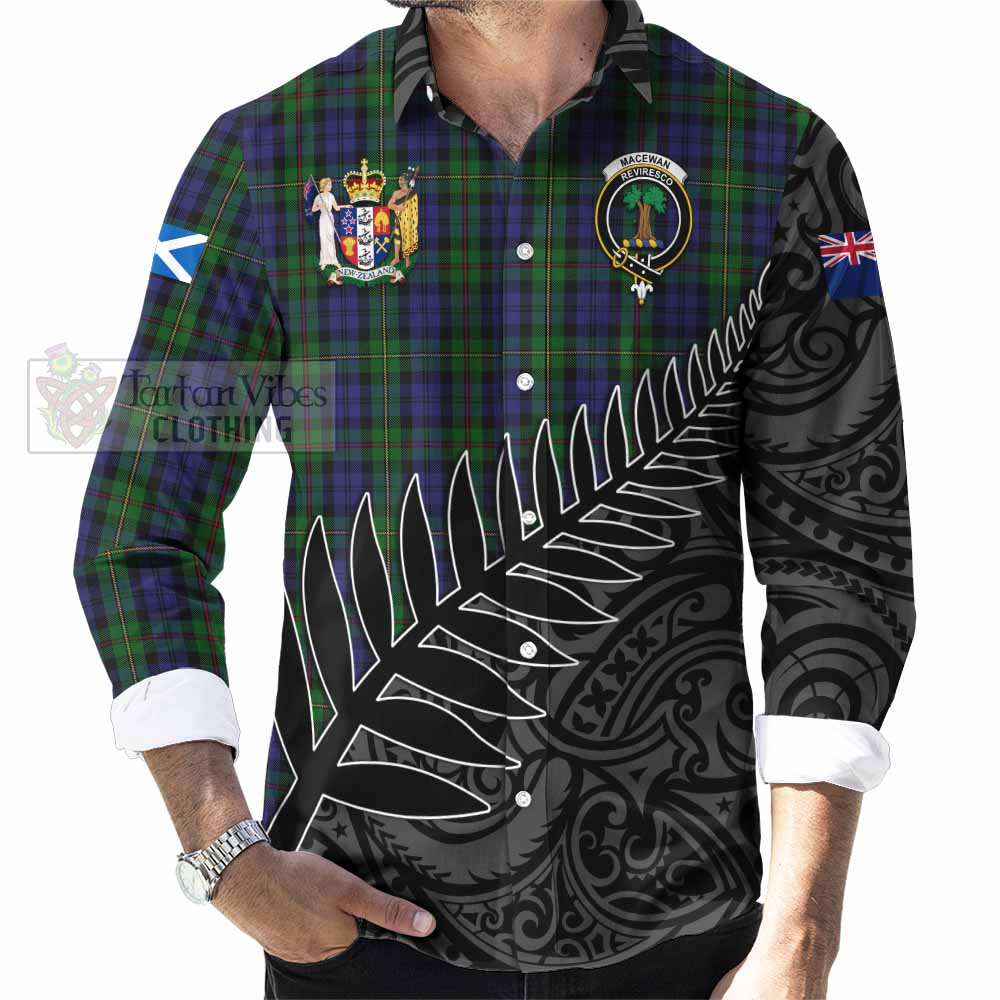 Tartan Vibes Clothing MacEwan (MacEwen) Crest Tartan Long Sleeve Button Shirt with New Zealand Silver Fern Half Style