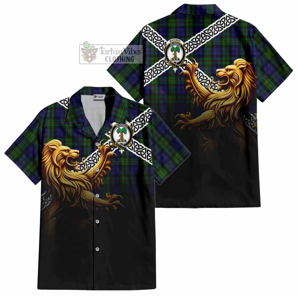 MacEwan (MacEwen) Crest Tartan Hawaiian Shirt with Golden Lion Emblem Celtic Style - Tartan Vibes Clothing