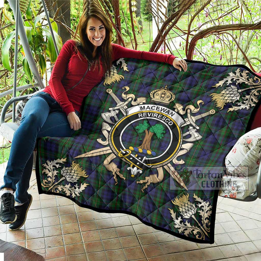 Tartan Vibes Clothing MacEwan (MacEwen) Tartan Quilt with Family Crest and Scottish Golden Courage Shield