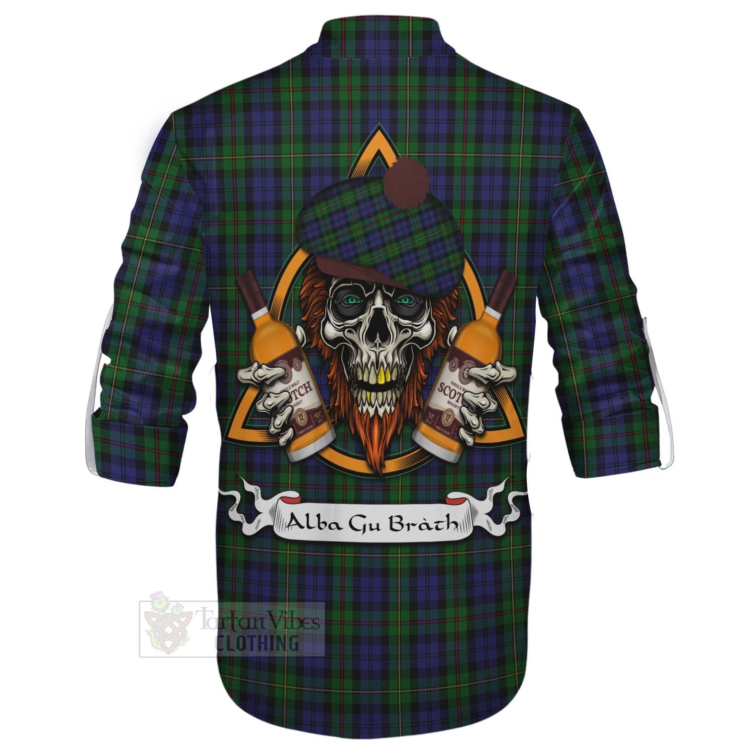 Tartan Vibes Clothing MacEwan (MacEwen) Tartan Ghillie Kilt Shirt with Family Crest and Bearded Skull Holding Bottles of Whiskey