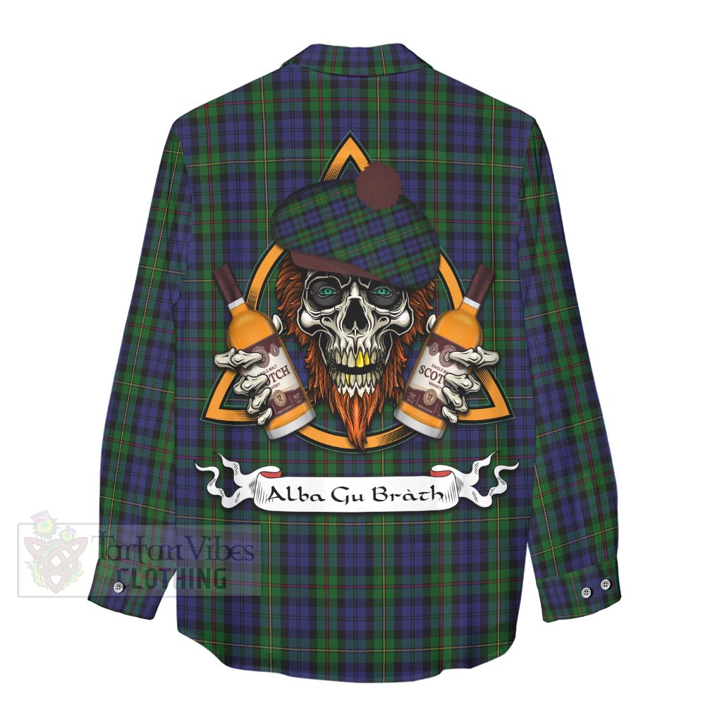 Tartan Vibes Clothing MacEwan (MacEwen) Tartan Women's Casual Shirt with Family Crest and Bearded Skull Holding Bottles of Whiskey