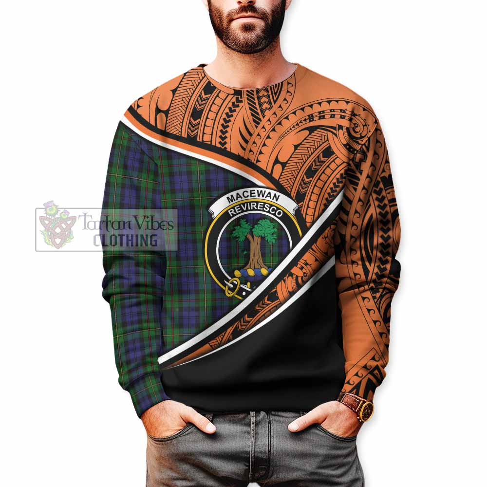 Tartan Vibes Clothing MacEwan (MacEwen) Crest Tartan Sweatshirt with Maori Tattoo Style - Orange Version