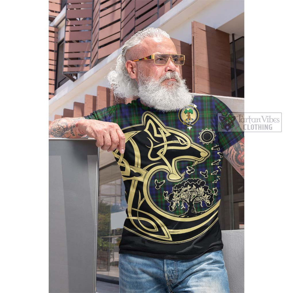 Tartan Vibes Clothing MacEwen Tartan Cotton T-shirt with Family Crest Celtic Wolf Style