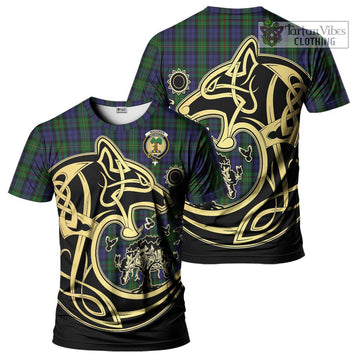 MacEwen Tartan T-Shirt with Family Crest Celtic Wolf Style