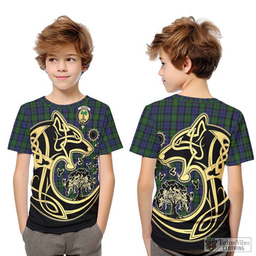 MacEwen Tartan Kid T-Shirt with Family Crest Celtic Wolf Style