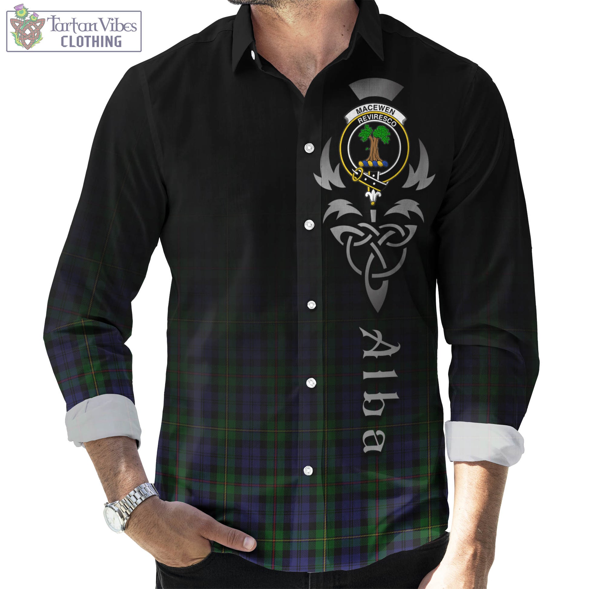 Tartan Vibes Clothing MacEwen Tartan Long Sleeve Button Up Featuring Alba Gu Brath Family Crest Celtic Inspired