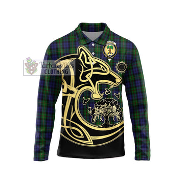 MacEwen Tartan Long Sleeve Polo Shirt with Family Crest Celtic Wolf Style