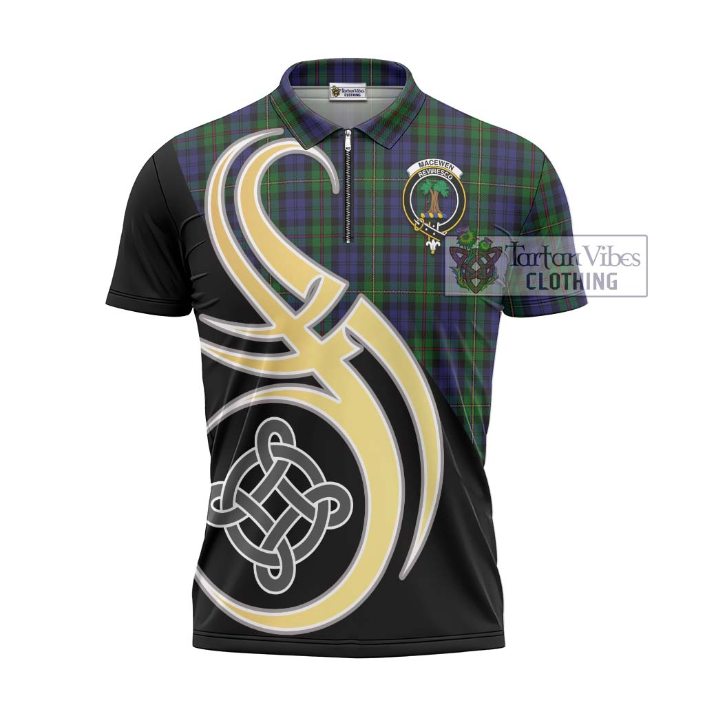 Tartan Vibes Clothing MacEwen Tartan Zipper Polo Shirt with Family Crest and Celtic Symbol Style