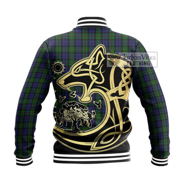 MacEwen Tartan Baseball Jacket with Family Crest Celtic Wolf Style