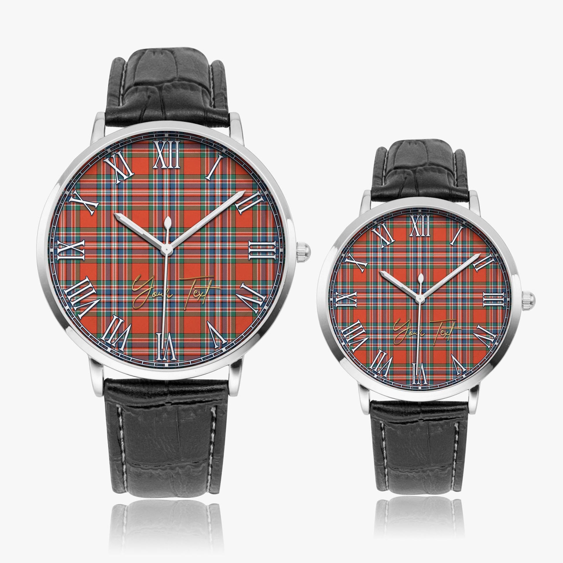 MacFarlane Ancient Tartan Personalized Your Text Leather Trap Quartz Watch Ultra Thin Silver Case With Black Leather Strap - Tartanvibesclothing