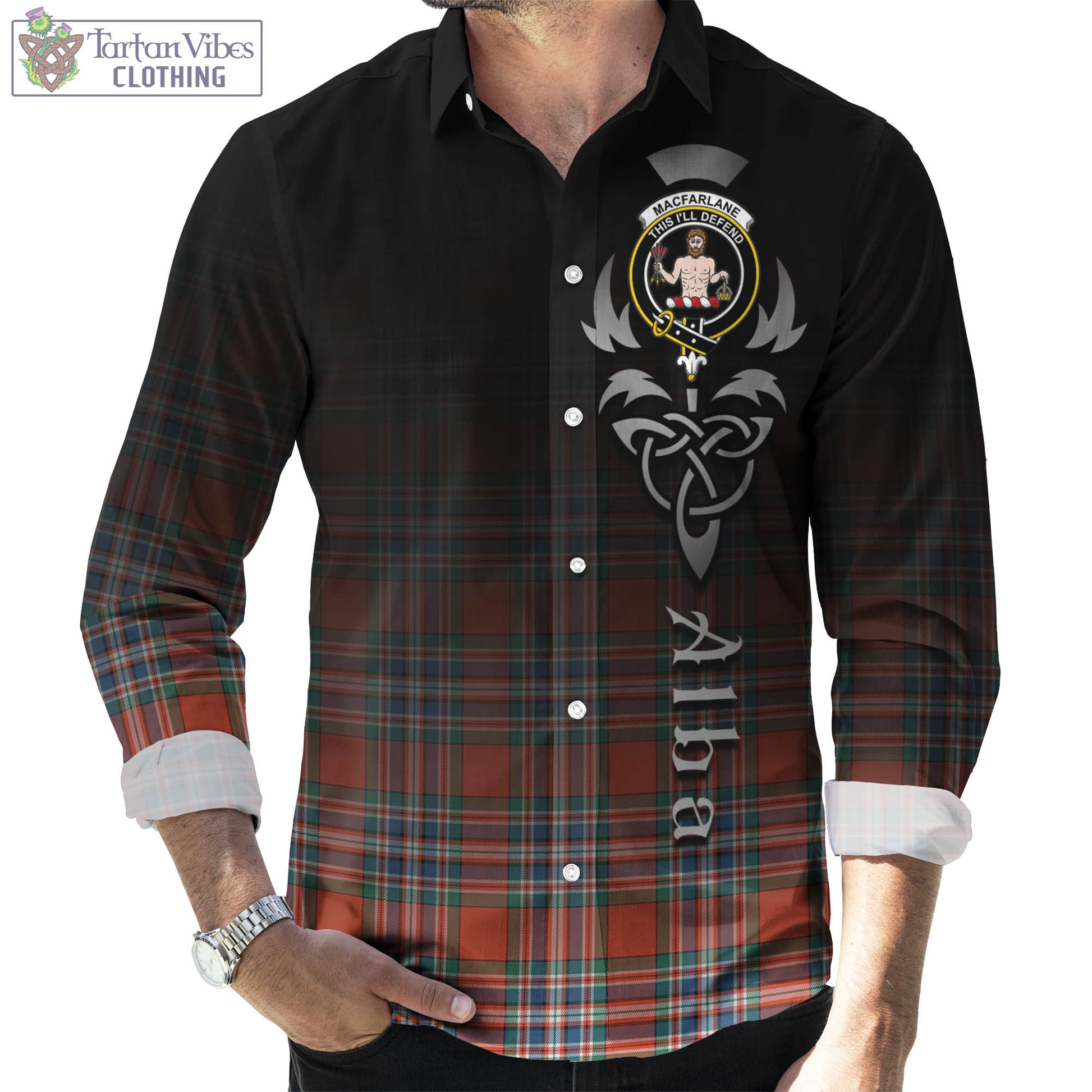 Tartan Vibes Clothing MacFarlane Ancient Tartan Long Sleeve Button Up Featuring Alba Gu Brath Family Crest Celtic Inspired