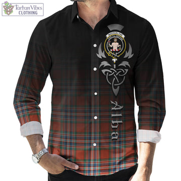 MacFarlane Ancient Tartan Long Sleeve Button Up Featuring Alba Gu Brath Family Crest Celtic Inspired