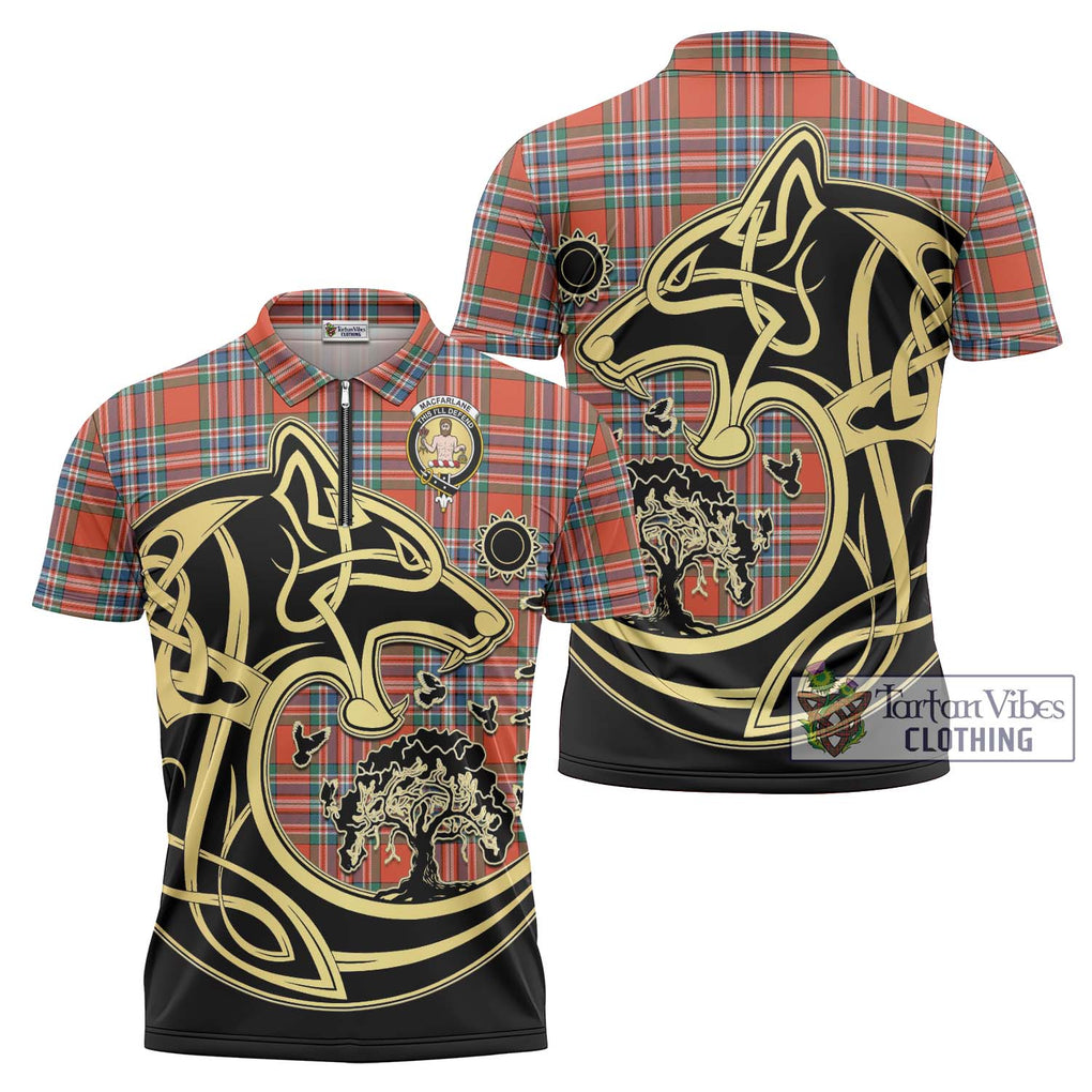 MacFarlane Ancient Tartan Zipper Polo Shirt with Family Crest Celtic Wolf Style Unisex - Tartanvibesclothing Shop