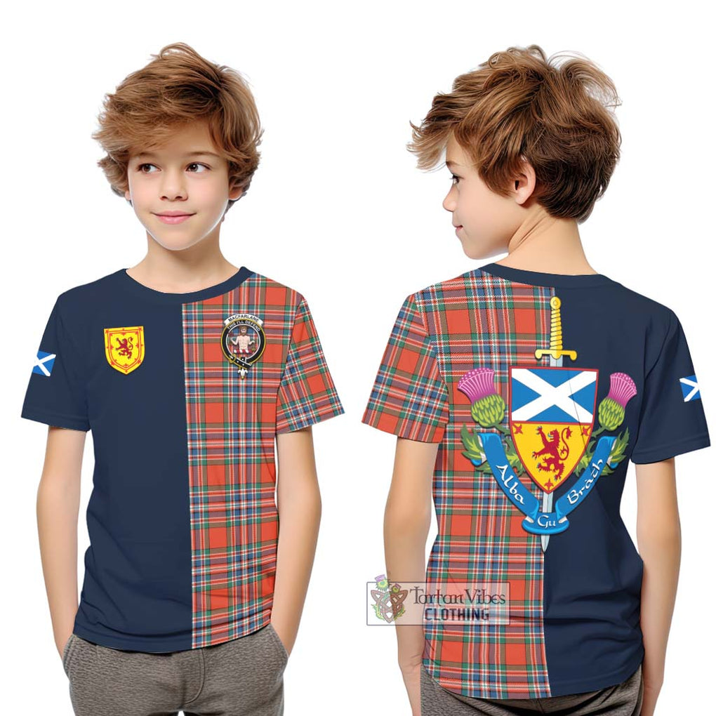 Tartan Vibes Clothing MacFarlane Ancient Tartan Kid T-Shirt with Scottish Lion Royal Arm Half Style