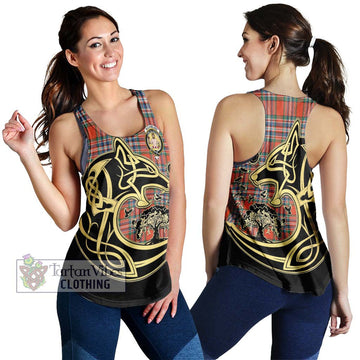 MacFarlane Ancient Tartan Women's Racerback Tanks with Family Crest Celtic Wolf Style