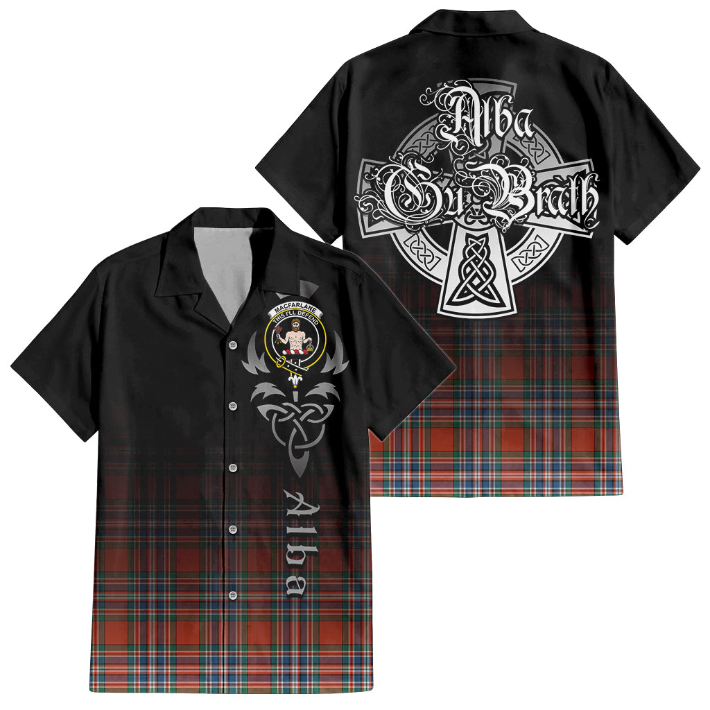 Tartan Vibes Clothing MacFarlane Ancient Tartan Short Sleeve Button Up Featuring Alba Gu Brath Family Crest Celtic Inspired