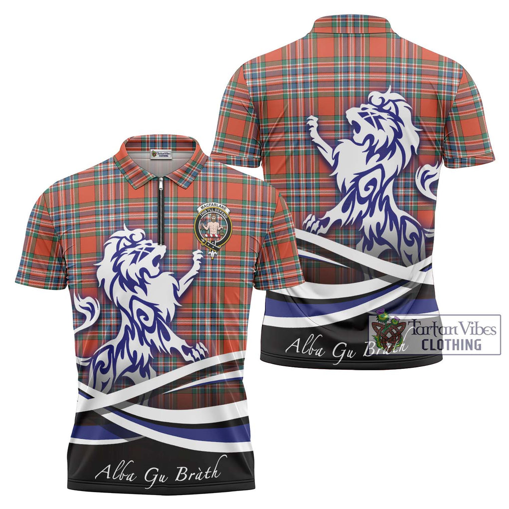 MacFarlane Ancient Tartan Zipper Polo Shirt with Alba Gu Brath Regal Lion Emblem Unisex - Tartanvibesclothing Shop