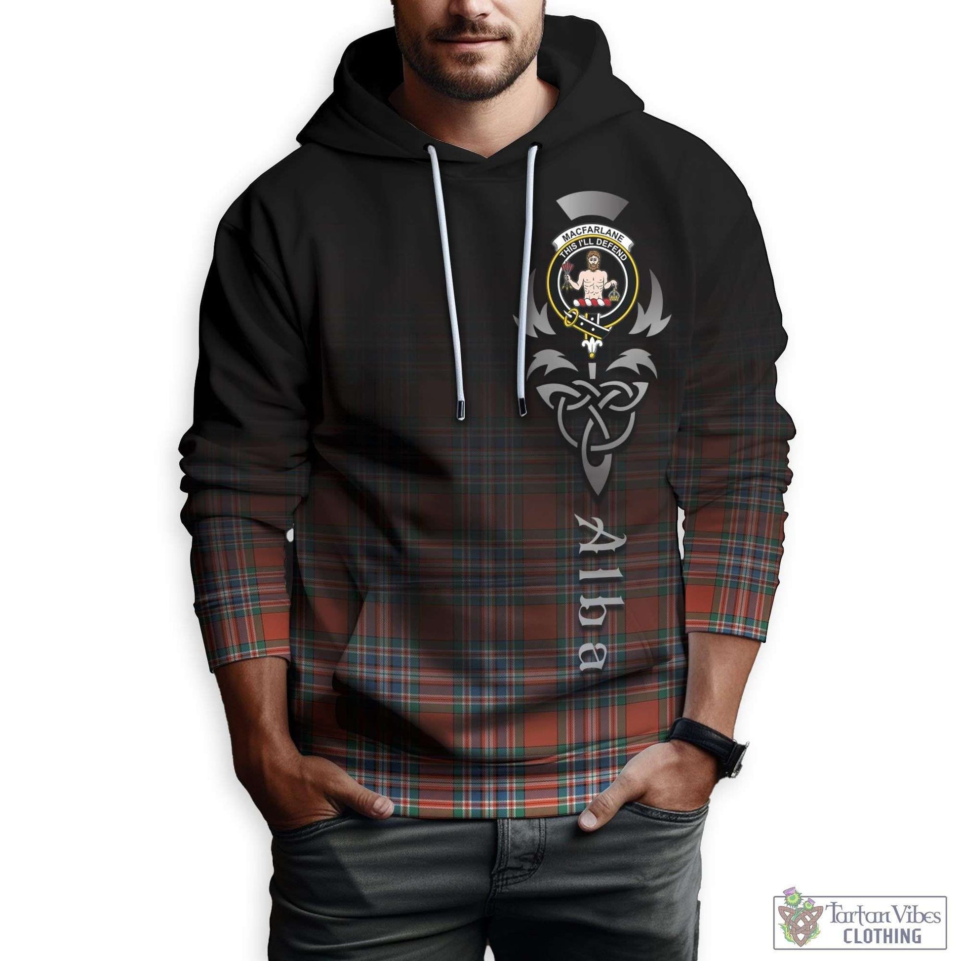 Tartan Vibes Clothing MacFarlane Ancient Tartan Hoodie Featuring Alba Gu Brath Family Crest Celtic Inspired