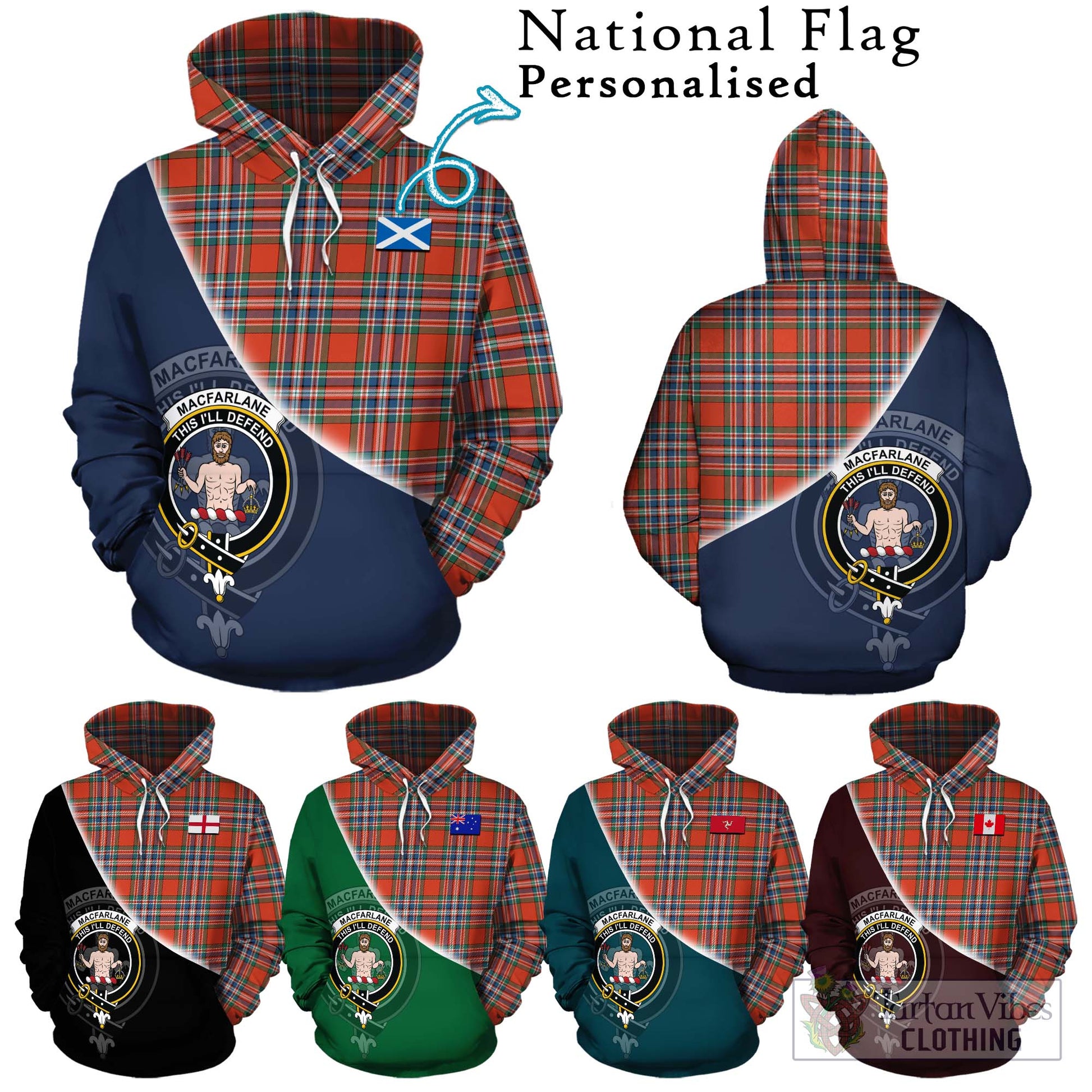 Tartan Vibes Clothing MacFarlane Ancient Tartan Hoodie with Personalised National Flag and Family Crest Half Style