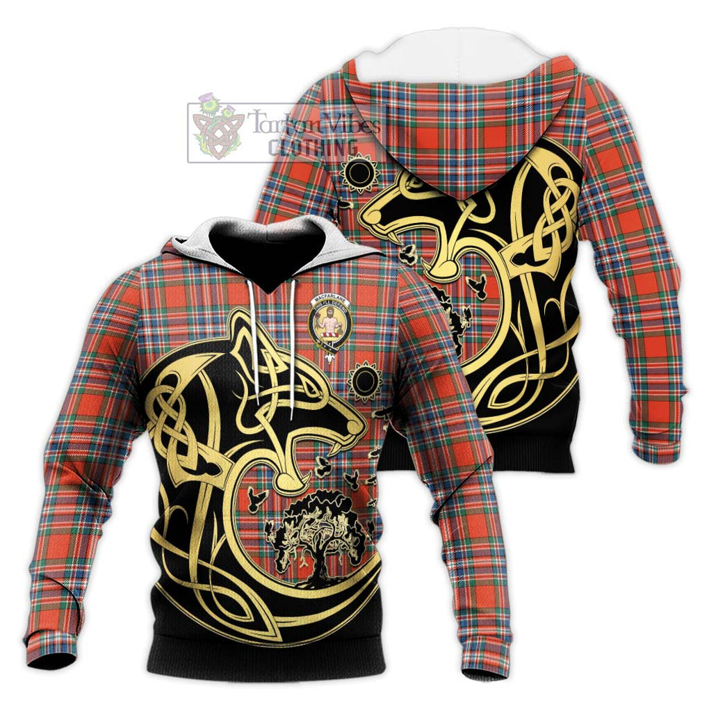 MacFarlane Ancient Tartan Knitted Hoodie with Family Crest Celtic Wolf Style Unisex Knitted Pullover Hoodie - Tartan Vibes Clothing