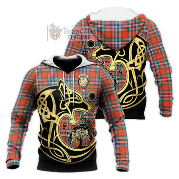 MacFarlane Ancient Tartan Knitted Hoodie with Family Crest Celtic Wolf Style