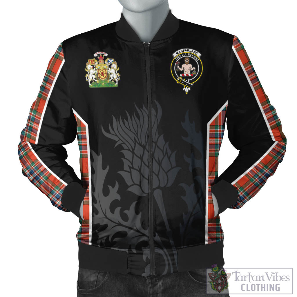 Tartan Vibes Clothing MacFarlane Ancient Tartan Bomber Jacket with Family Crest and Scottish Thistle Vibes Sport Style