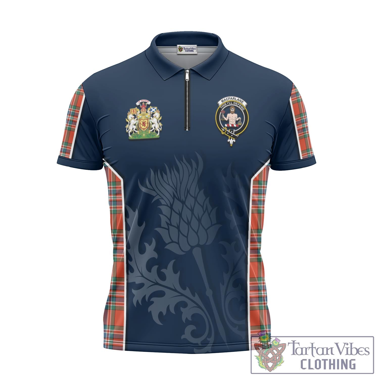 Tartan Vibes Clothing MacFarlane Ancient Tartan Zipper Polo Shirt with Family Crest and Scottish Thistle Vibes Sport Style