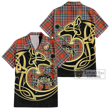 MacFarlane Ancient Tartan Short Sleeve Button Shirt with Family Crest Celtic Wolf Style