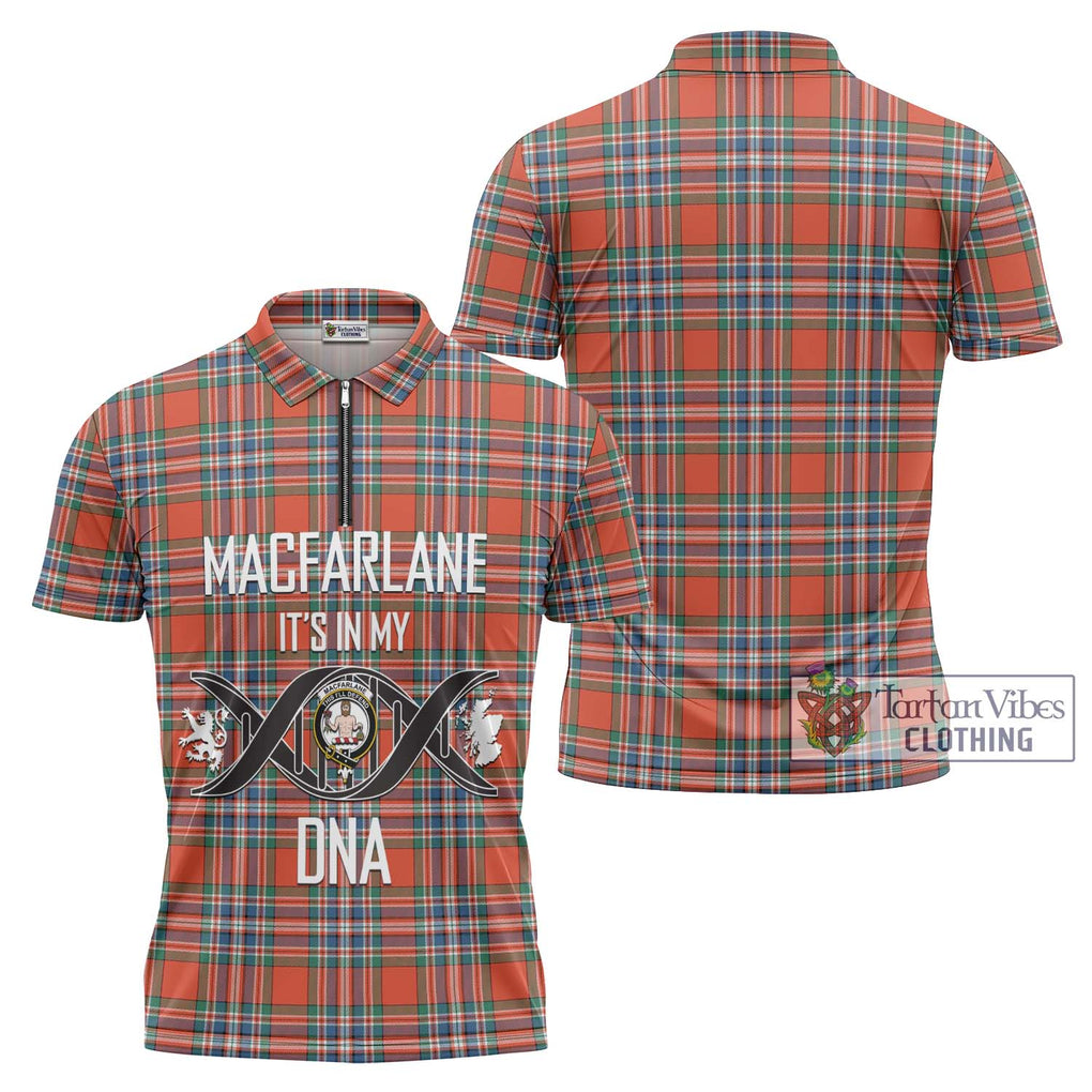 MacFarlane Ancient Tartan Zipper Polo Shirt with Family Crest DNA In Me Style Unisex - Tartanvibesclothing Shop