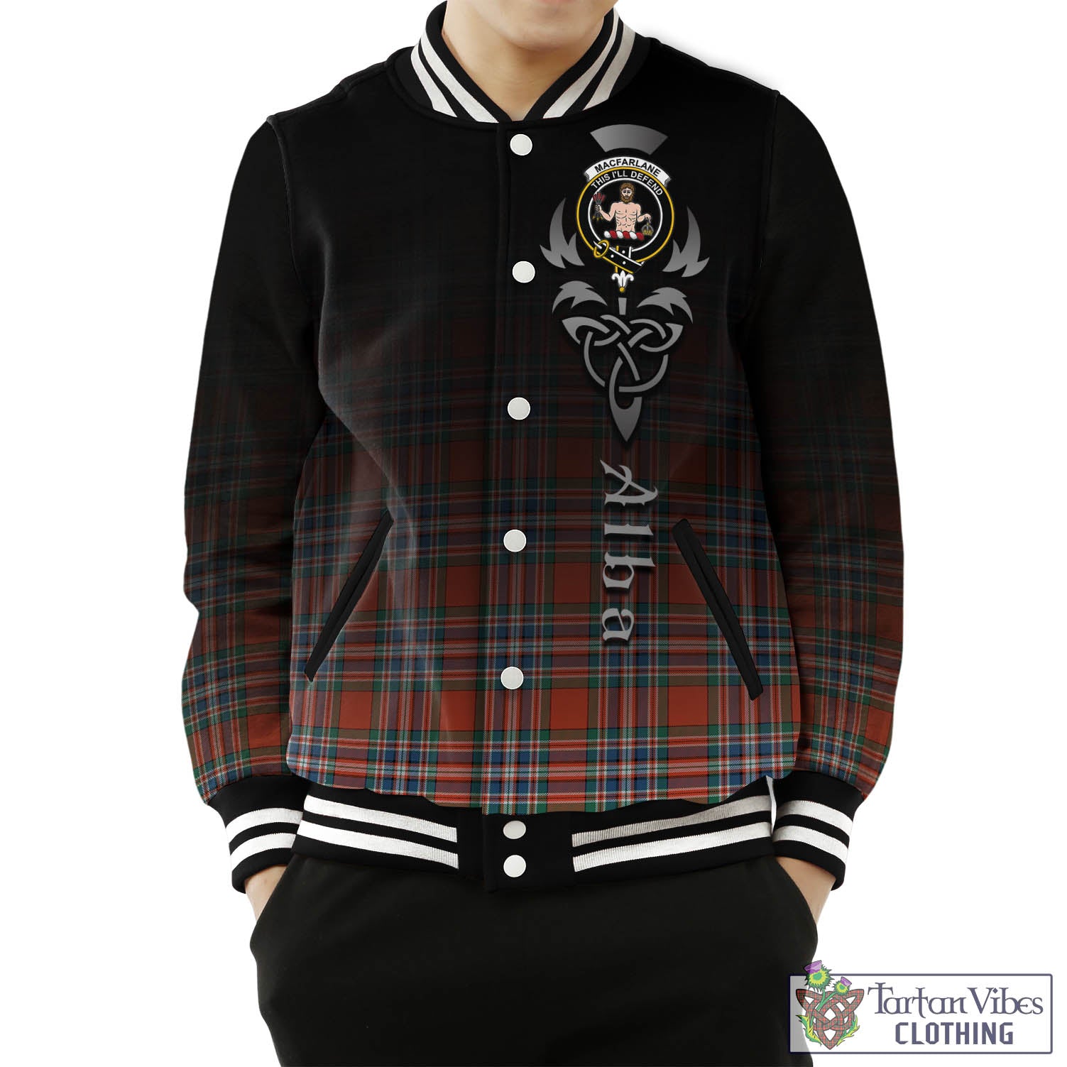 Tartan Vibes Clothing MacFarlane Ancient Tartan Baseball Jacket Featuring Alba Gu Brath Family Crest Celtic Inspired