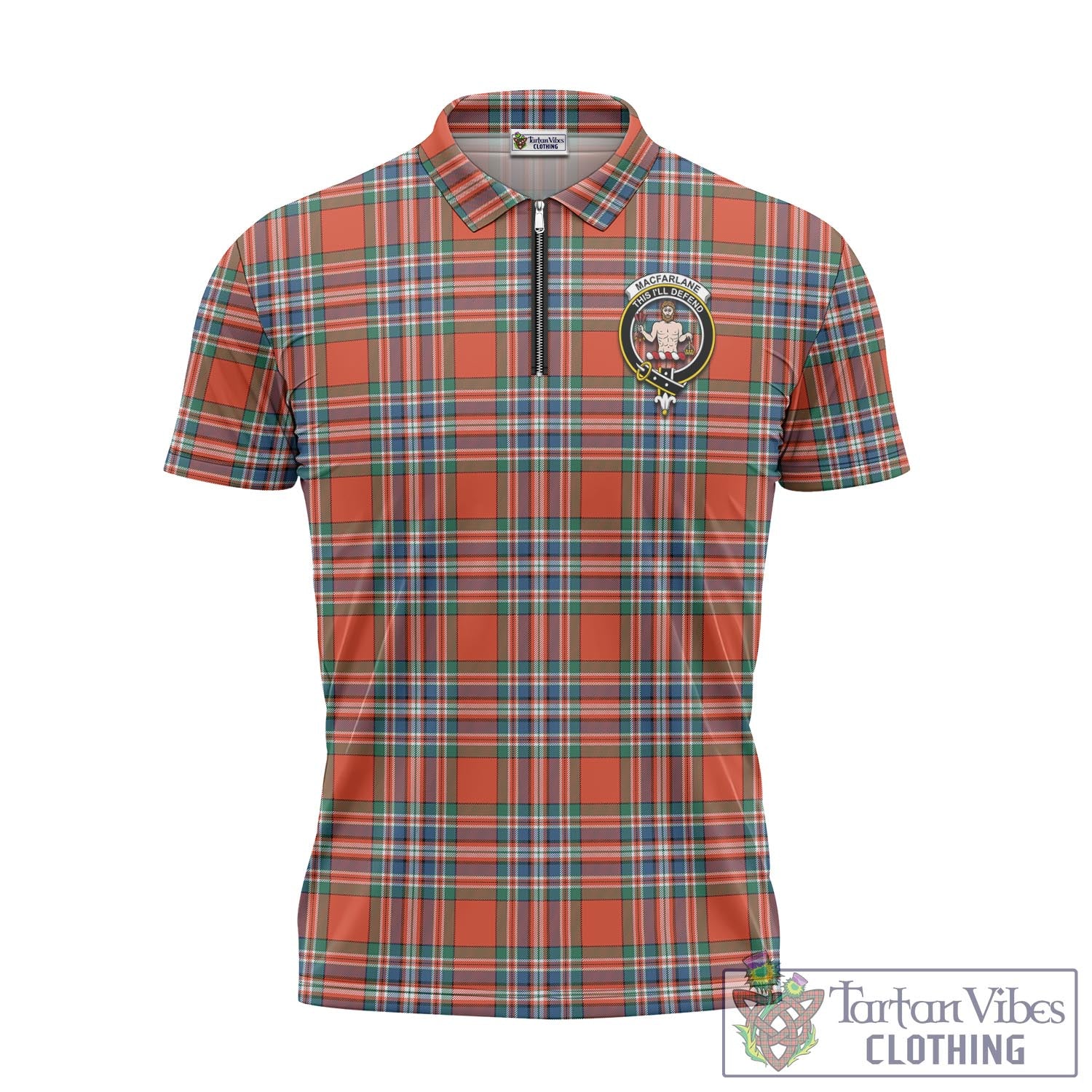 Tartan Vibes Clothing MacFarlane Ancient Tartan Zipper Polo Shirt with Family Crest