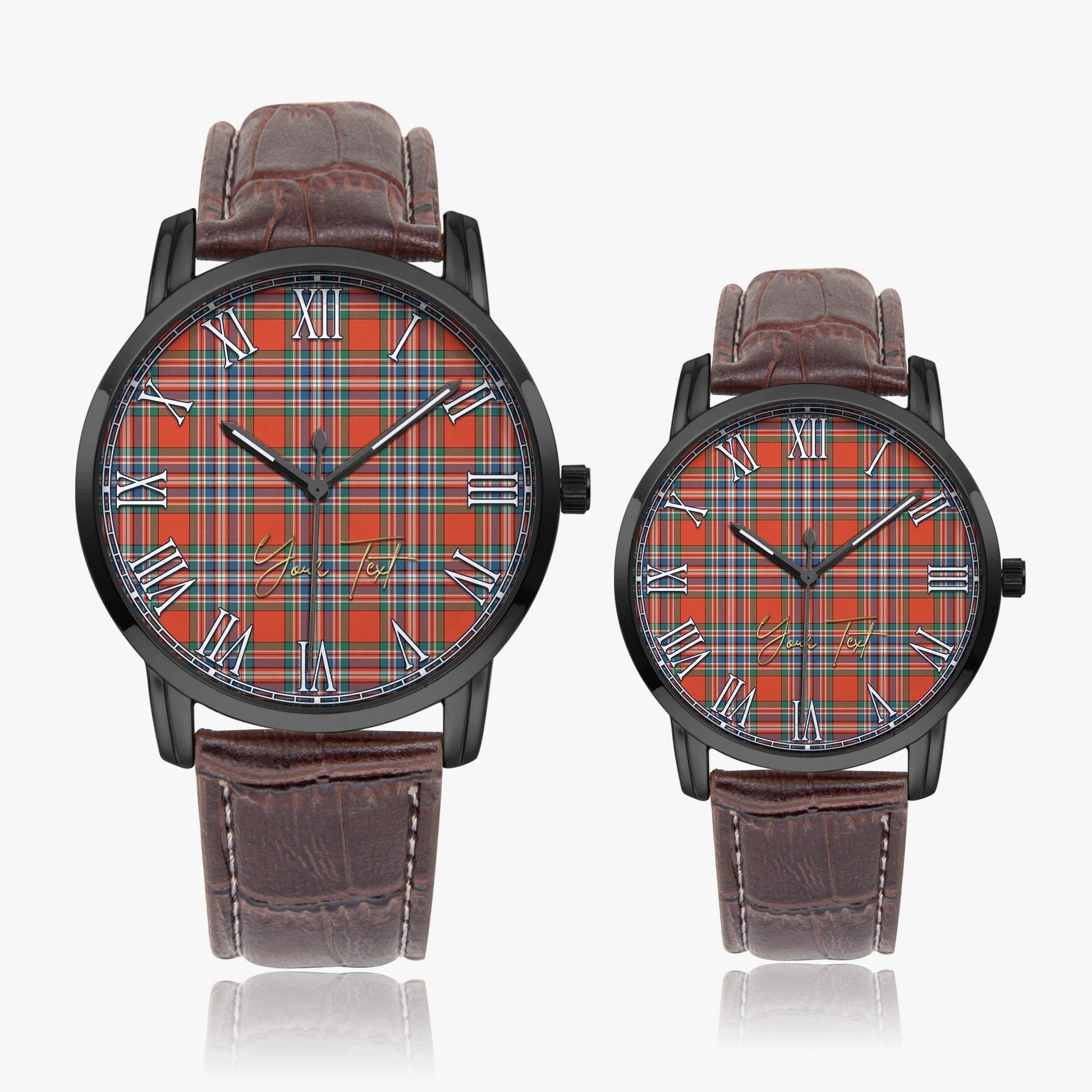 MacFarlane Ancient Tartan Personalized Your Text Leather Trap Quartz Watch Wide Type Black Case With Brown Leather Strap - Tartanvibesclothing