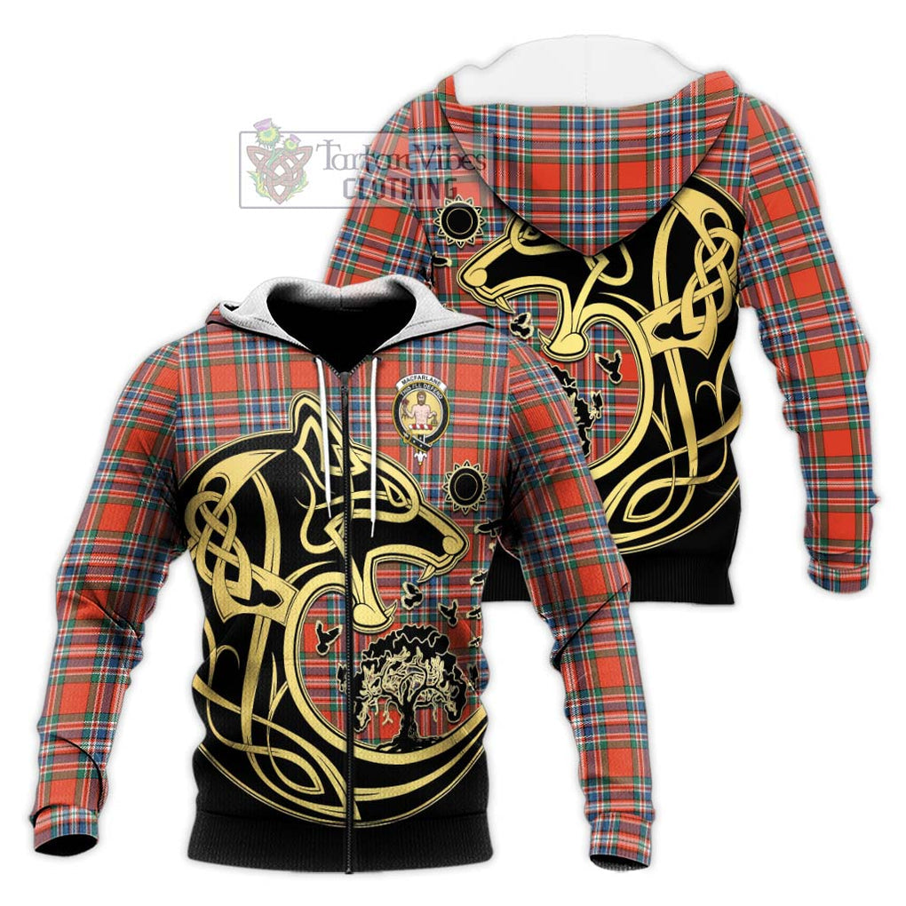 MacFarlane Ancient Tartan Knitted Hoodie with Family Crest Celtic Wolf Style Unisex Knitted Zip Hoodie - Tartan Vibes Clothing