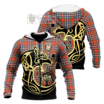 MacFarlane Ancient Tartan Knitted Hoodie with Family Crest Celtic Wolf Style