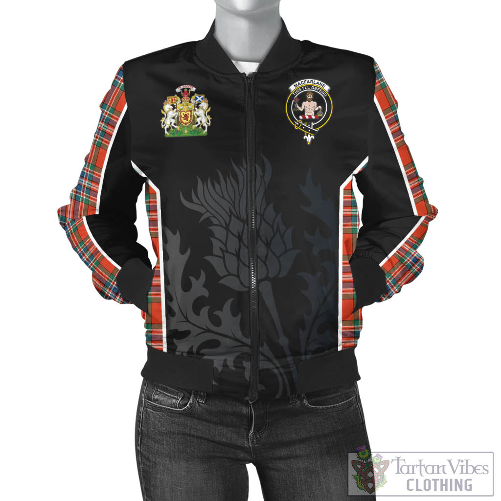 Tartan Vibes Clothing MacFarlane Ancient Tartan Bomber Jacket with Family Crest and Scottish Thistle Vibes Sport Style