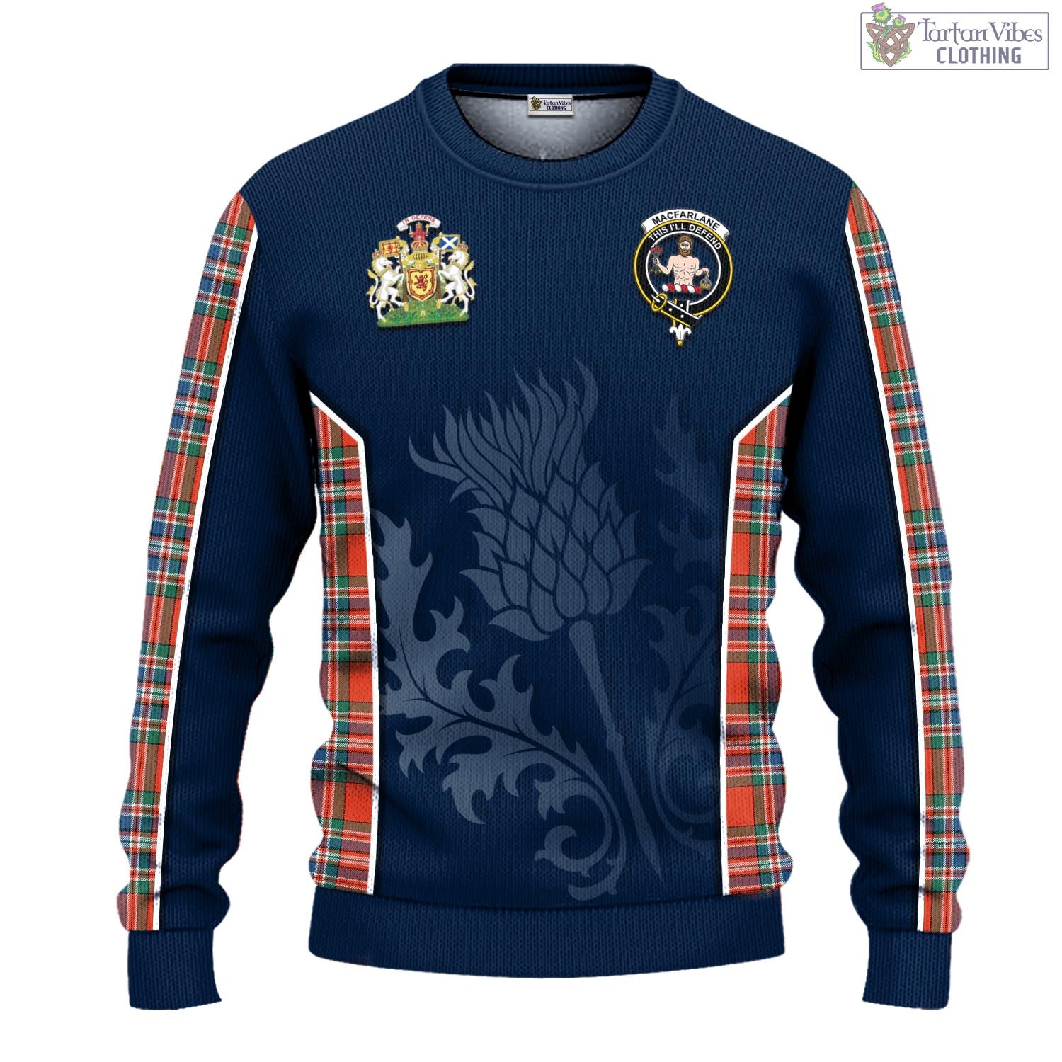 Tartan Vibes Clothing MacFarlane Ancient Tartan Knitted Sweatshirt with Family Crest and Scottish Thistle Vibes Sport Style