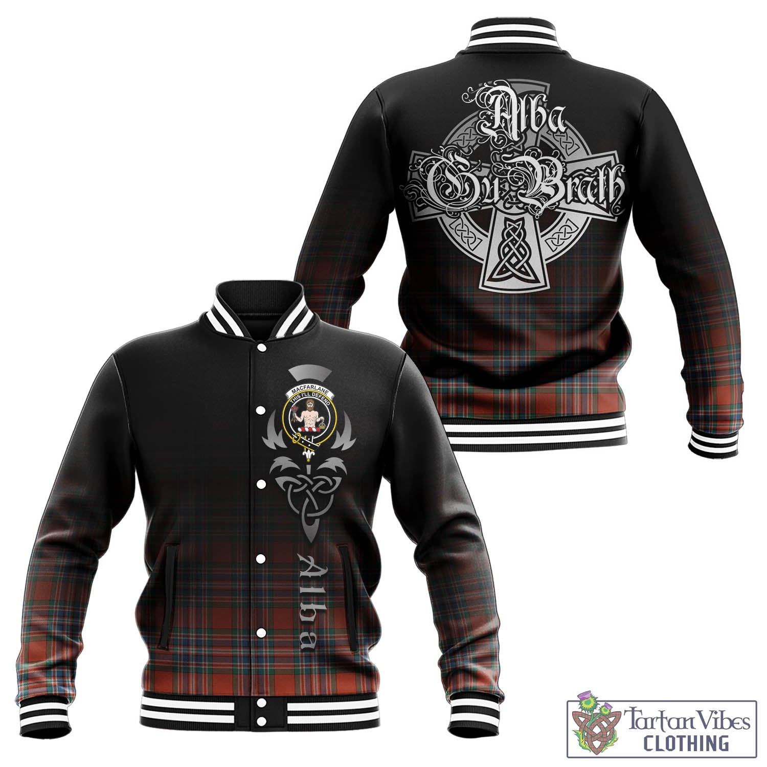 Tartan Vibes Clothing MacFarlane Ancient Tartan Baseball Jacket Featuring Alba Gu Brath Family Crest Celtic Inspired