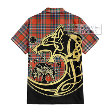 MacFarlane Ancient Tartan Short Sleeve Button Shirt with Family Crest Celtic Wolf Style