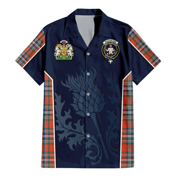 MacFarlane Ancient Tartan Short Sleeve Button Up Shirt with Family Crest and Scottish Thistle Vibes Sport Style