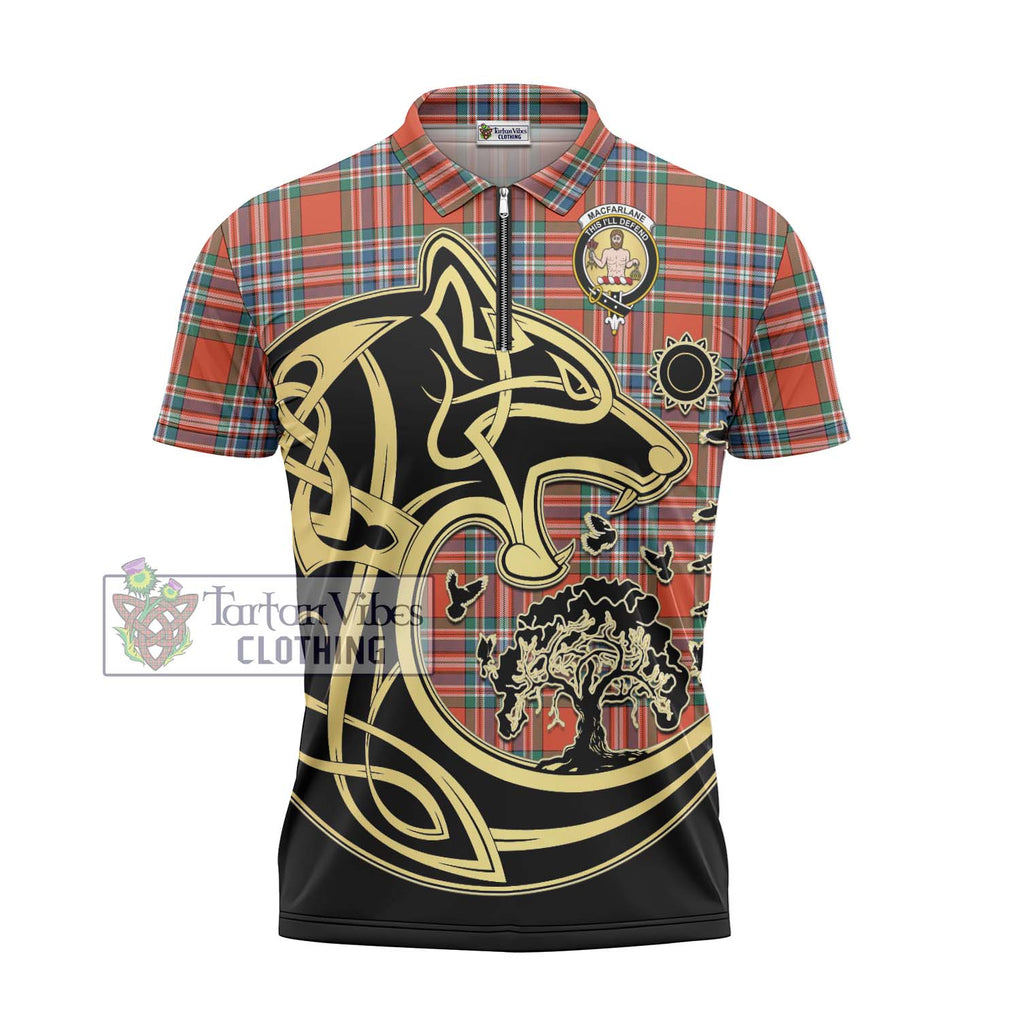 MacFarlane Ancient Tartan Zipper Polo Shirt with Family Crest Celtic Wolf Style - Tartanvibesclothing Shop