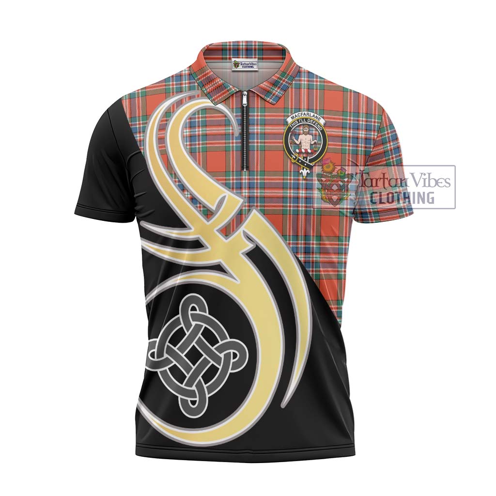 Tartan Vibes Clothing MacFarlane Ancient Tartan Zipper Polo Shirt with Family Crest and Celtic Symbol Style