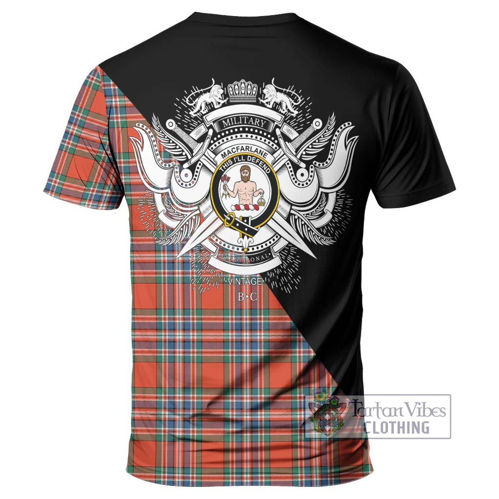 MacFarlane Ancient Tartan T-Shirt with Family Crest and Military Logo Style - Tartanvibesclothing Shop