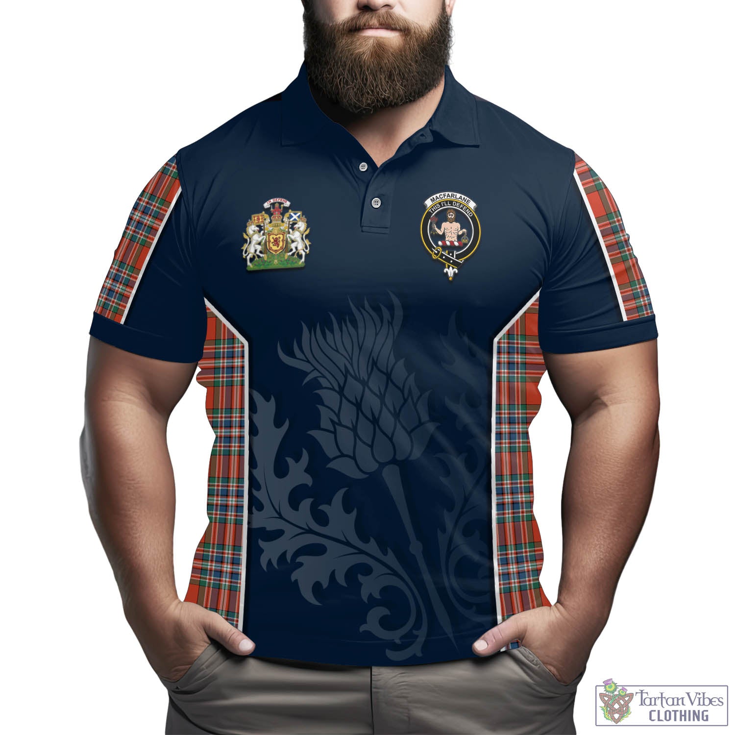 Tartan Vibes Clothing MacFarlane Ancient Tartan Men's Polo Shirt with Family Crest and Scottish Thistle Vibes Sport Style