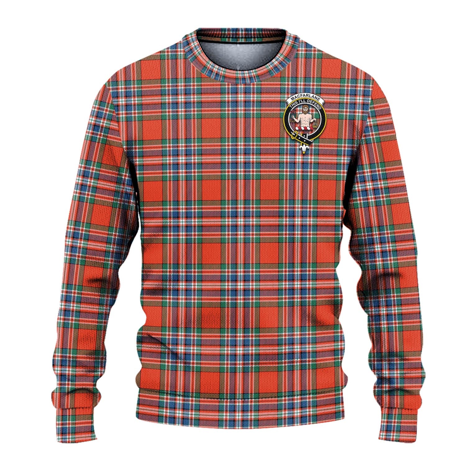 MacFarlane Ancient Tartan Knitted Sweater with Family Crest - Tartanvibesclothing