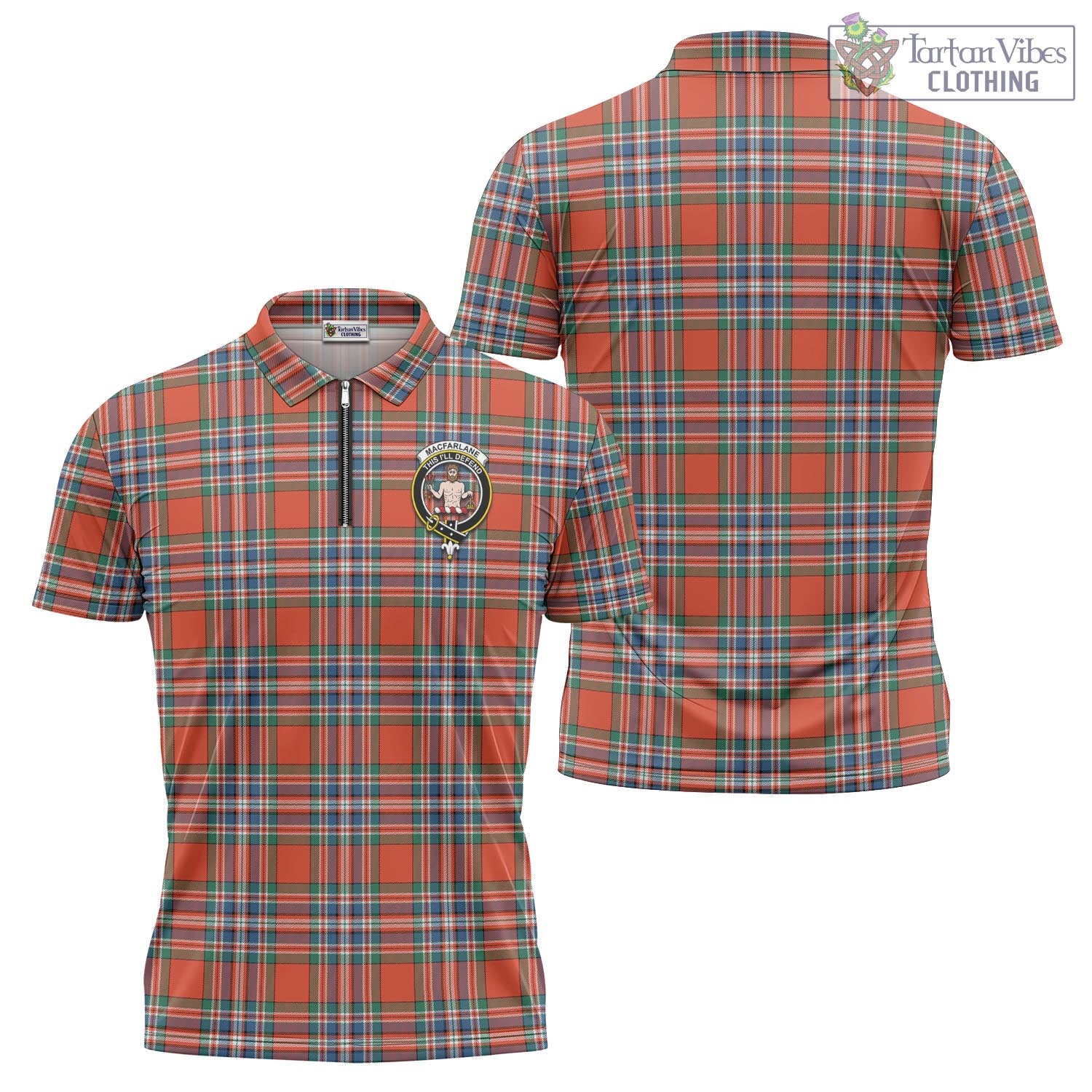 Tartan Vibes Clothing MacFarlane Ancient Tartan Zipper Polo Shirt with Family Crest