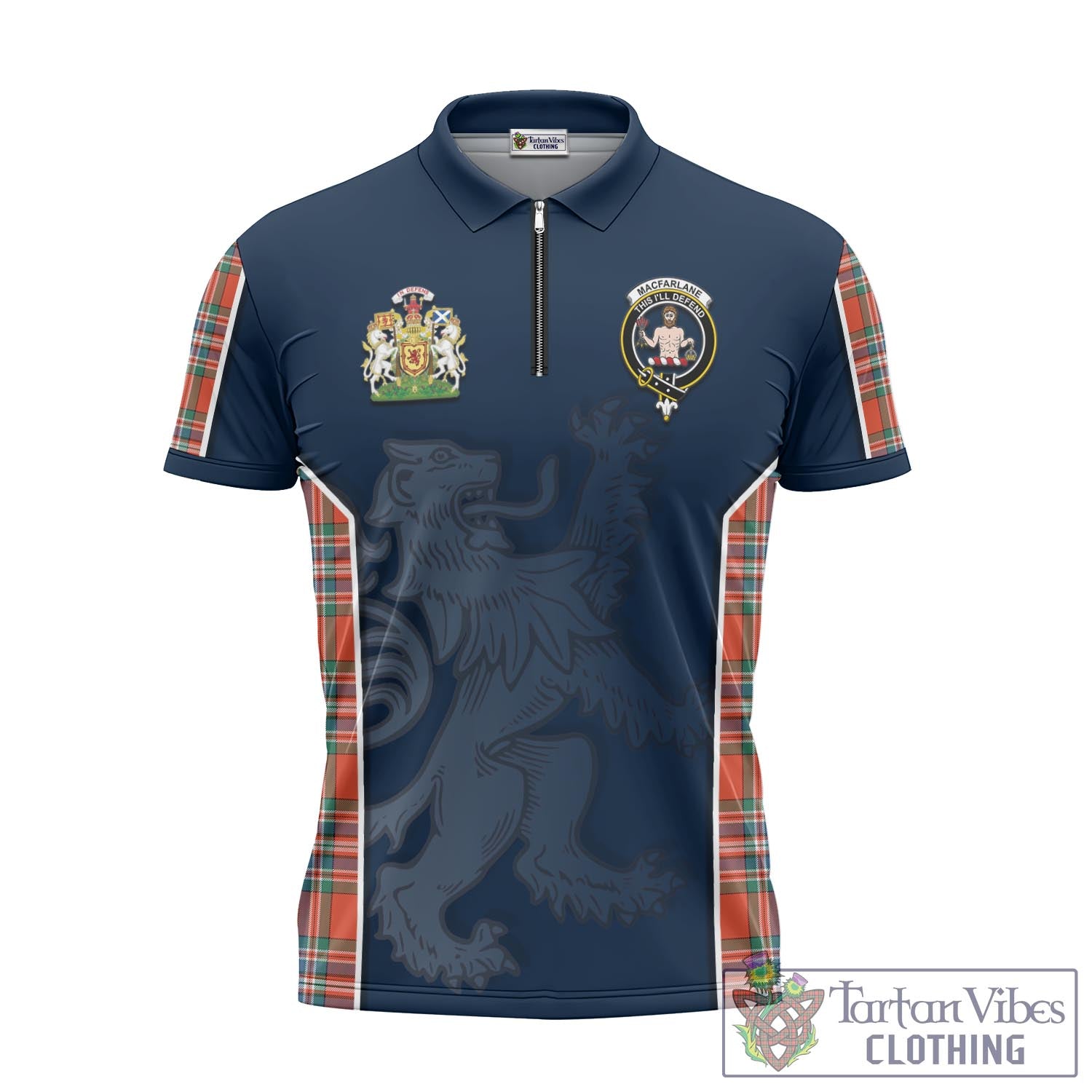 Tartan Vibes Clothing MacFarlane Ancient Tartan Zipper Polo Shirt with Family Crest and Lion Rampant Vibes Sport Style