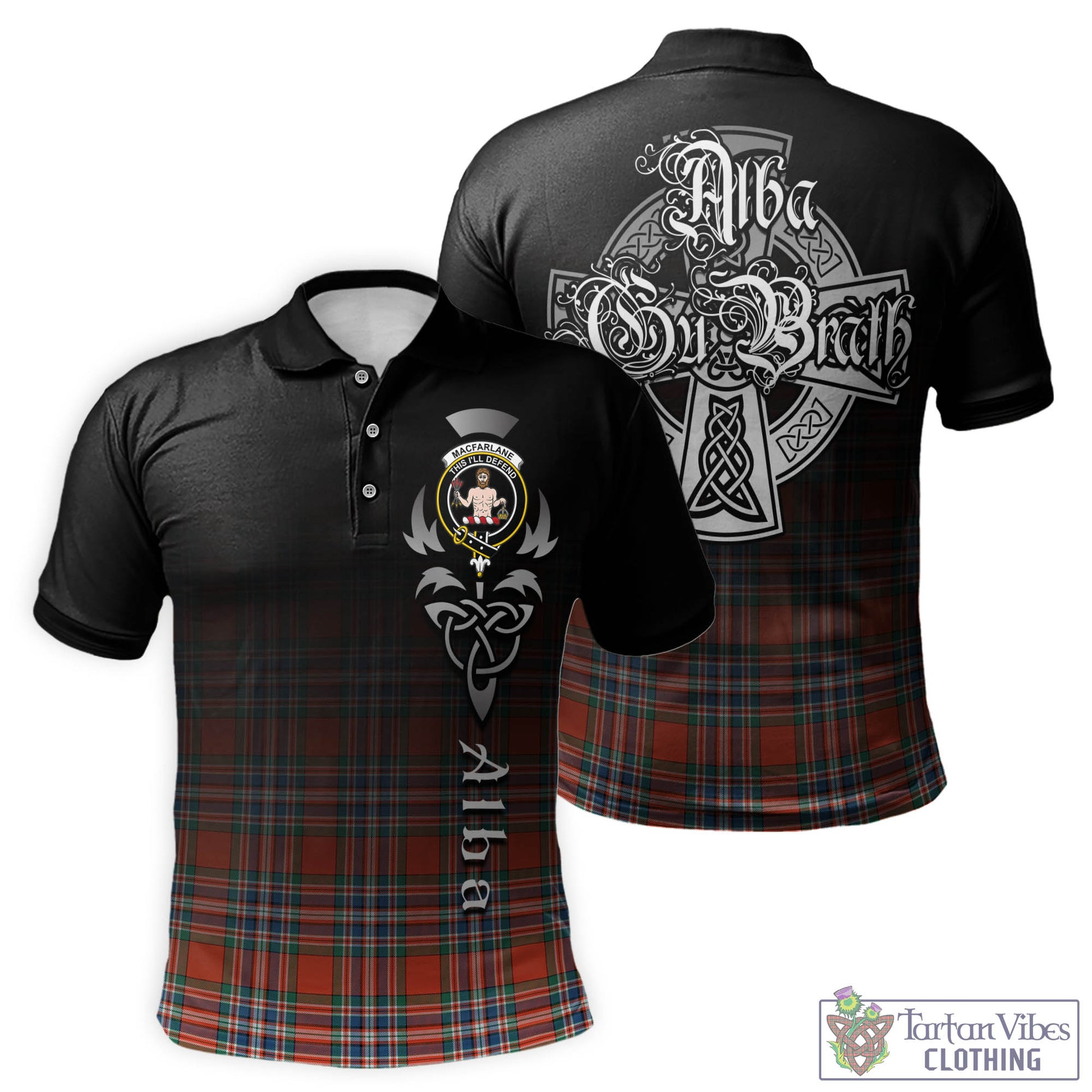 Tartan Vibes Clothing MacFarlane Ancient Tartan Polo Shirt Featuring Alba Gu Brath Family Crest Celtic Inspired